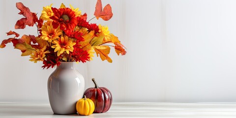 Fall-themed kitchen decor with red and yellow leaves, flowers in a vase, and a pumpkin on a light background. Vertical photo.