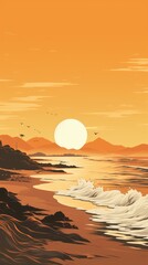 Illustration beautiful sunset on the beach. Generative AI