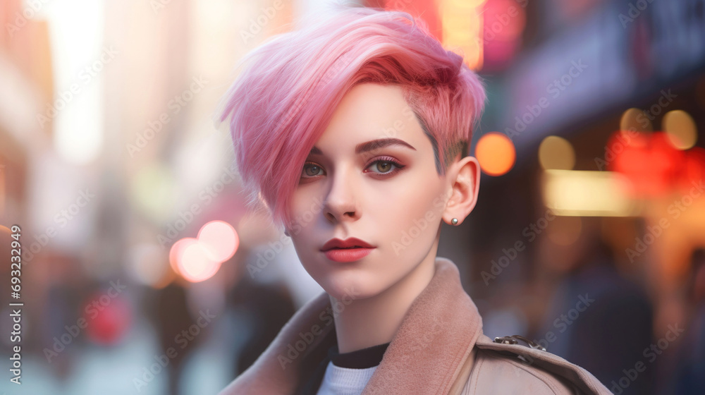 Wall mural Fashion portrait of young beautiful woman with pink hair in the city