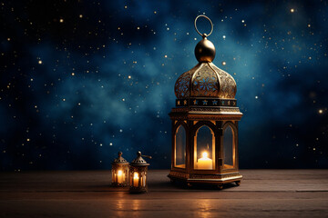 Holy month Ramadan ornamental lantern with a candle glowing on bokeh background Ai Generative Image - obrazy, fototapety, plakaty