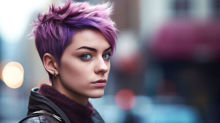 Portrait of a beautiful young personality with short purple hair in the city. The concept of a...