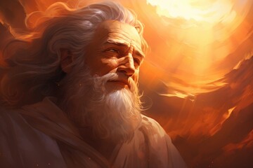 A detailed illustration of Moses' face, emphasizing his wisdom and determination, with a soft, ethereal light.