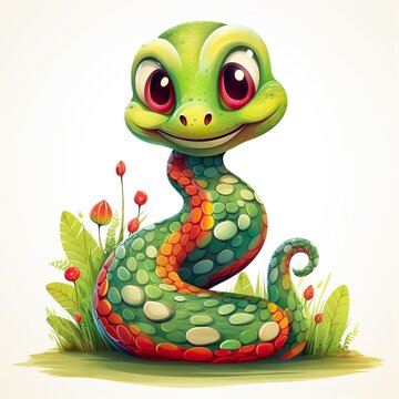Snake cute cartoon character isolated on white background. Concept snakes generative AI image illustration. Drawing for children's book
