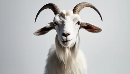 Foto op Plexiglas Portrait of a goat on a white background. Goat with horns © Maule