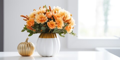 Autumn home decor featuring bright artificial flowers in a golden pumpkin vase on a kitchen table with a modern white background. Perfect for Thanksgiving and Halloween.