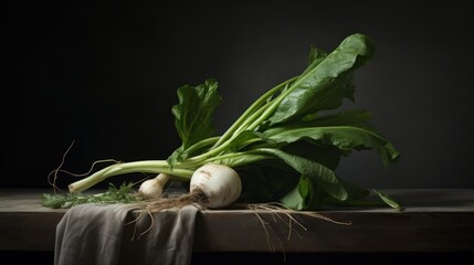  a bunch of green leafy vegetables sitting on top of a wooden table next to a brown cloth on top of a wooden table with a black wall in the background.