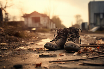 Shoes on the ground post apocalypse - obrazy, fototapety, plakaty