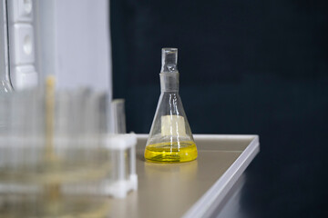 several glass flasks in a  chemistry laboratory, scientific experiment