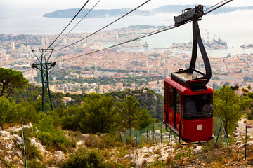 View on cable car to Mount Faron with the city in the background, Toulon, France
