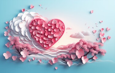 Obraz premium paper heart with gift blue sky and floral background