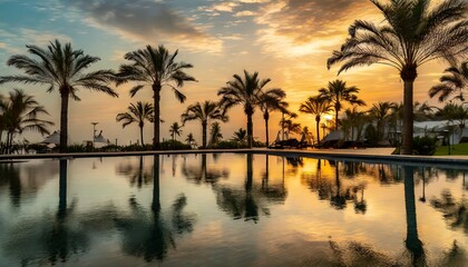 palm tree reflection (resort hotel) - obrazy, fototapety, plakaty