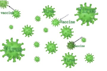 shape of a virus and a syringe, inscription vaccine and virus on a white background