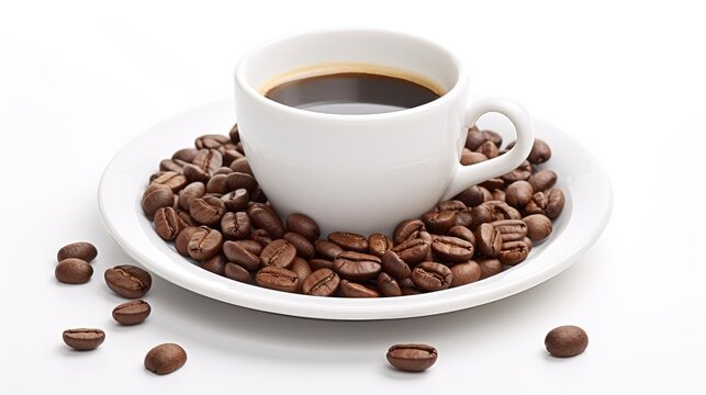 Image of cup of hot coffee and beans on a saucer isolated over white background.