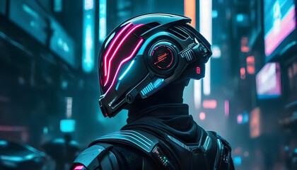 Rosto cyberpunk futurista com capacete - obrazy, fototapety, plakaty