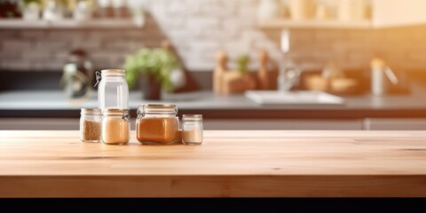 Product display with a blurred, defocused kitchen background and a beautiful wooden table top.