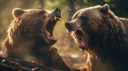 close-up portrait of two big brown bears fighting with mouthes open with teeth and paws with claws