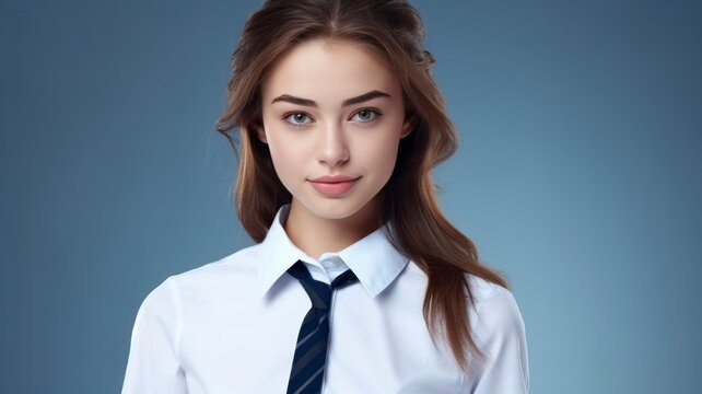 photo portrait of a beautiful young American female student in school uniform, one color background, copy space, generative ai