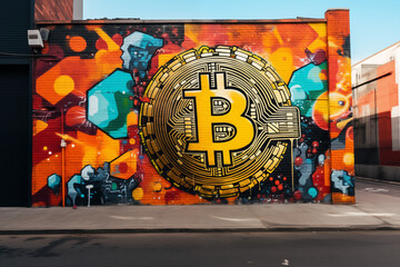 Cityscape Crypto Tribute: Bitcoin logo Emblem Graffiti on Metropolitan Wall by Renowned Urban...