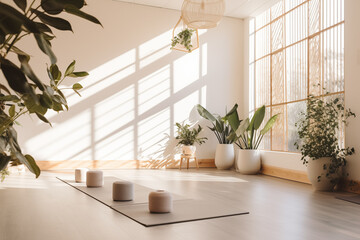 Yoga Class Group Studio Session on Boho Minimalist Background, for Wellness Fitness Self Care Space, Minimal Aesthetic, Dappled Light, Large Window