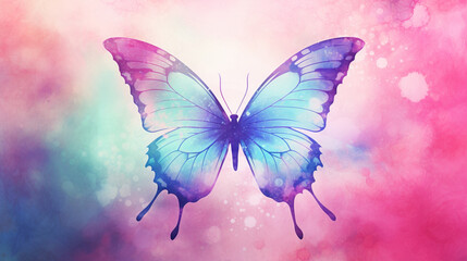 Fototapety  Papillon bleu et violet sur un fond lumineux et coloré. Rose, aquarelle, lumière. Insecte, beauté, nature. Arrière-plan pour conception et création graphique.