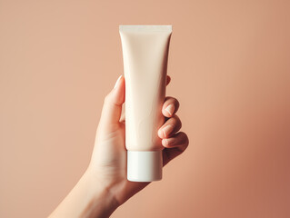 Woman Holding Skincare Cream Milk | Luxury Brand | Mock up Minimalist Product | Serum Tube Cosmetic Soap Spa Backdrop Background Neutral Minimalist Simple Minimal Color, Beige, Tan, White
