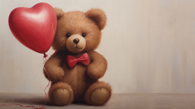 Illustration d'un petit ourson en peluche tenant un ballon en forme de coeur. Sentiments, animal, amour. Fond pour conception et cr&eacute;ation graphique.