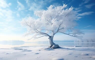 Snow covered alone tree in winter landscape