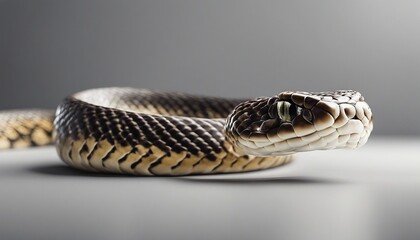 Obraz premium Close up of the head of a snake on a gray background.