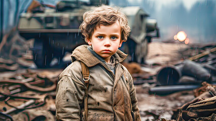 War-stricken child, sad and hungry.