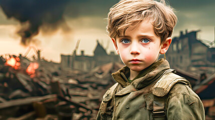 Caucasian child amidst war's devastation.