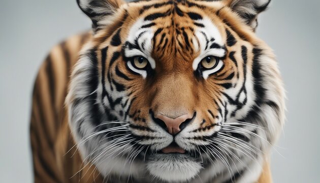 Portrait of a tiger on a gray background. Close-up.