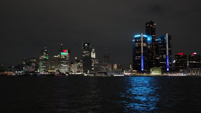 Detroit skyline at night viewed from Windsor ON