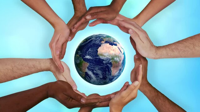 Multi Ethnic Hands Holding Hyper Realistic Planet Earth. Environment Conservation, Save the Planet, Ecology, Sustainable Lifestyle. World Earth Day. 
