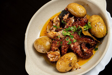 Delicious grilled octopus served in a traditional Portuguese restaurant.