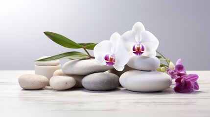 Obraz na płótnie Canvas Wellness stones spa and orchid on marble table. 