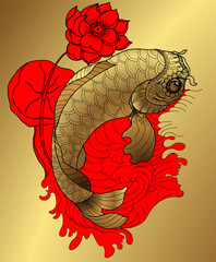 hand drawn koi fish in circle, Japanese carp line drawing coloring book vector image