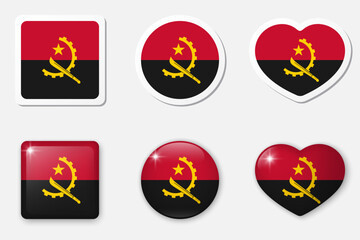 Flag of Angola icons collection. Flat stickers and 3d realistic glass vector elements on white background with shadow underneath.