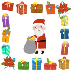 cartoon scene with christmas party ornaments from nature like pine cone twig fir frame border with santa claus illustration for children
