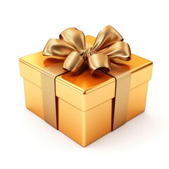 A gold gift box with a bow on top. Photorealistic clipart on white background.