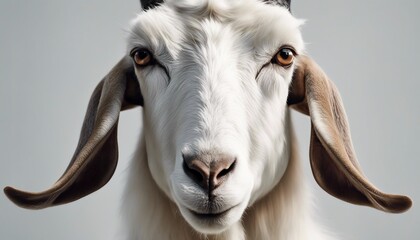 Portrait of a goat on a gray background. Close-up.