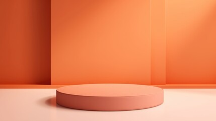 An empty room with an orange wall and a white floor. Circular stage, podium with copy space for beauty product in trendy orange apricot crush color.