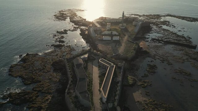 Aerial perspective of Avanzada de Santa Isabel at sunset, town of Cadiz, Andalusia province, south Spain