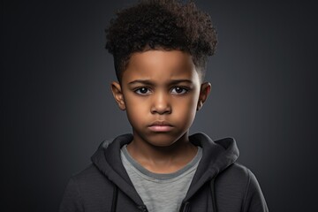 Serious african american boy isolated on dark grey background.