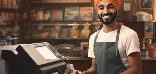 East Indian Man Cashier Job Employment Attractive Setting Generative AI
