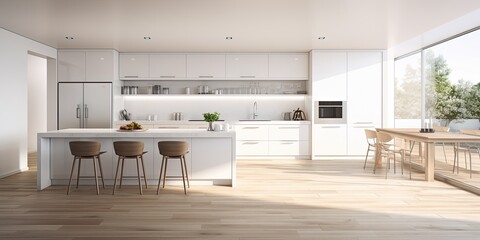 Sleek white kitchen with wooden flooring.
