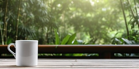 Old white cup on bamboo table with natural wood background in peaceful garden.