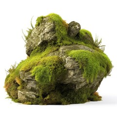A large rock covered in green moss on a white surface. Photorealistic clipart on white background.