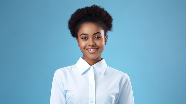 photo portrait of a beautiful young African female student in school uniform, one color background, copy space - generative ai