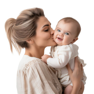 Happy mom kisses a cute baby isolated on transparent background