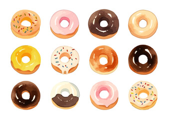 水彩で描いたミニドーナツのイラストセット